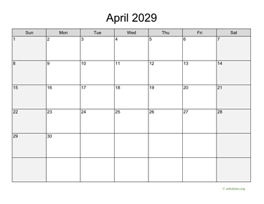 April 2029 Calendar with Weekend Shaded