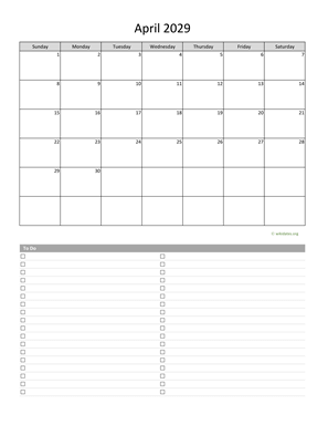 April 2029 Calendar with To-Do List