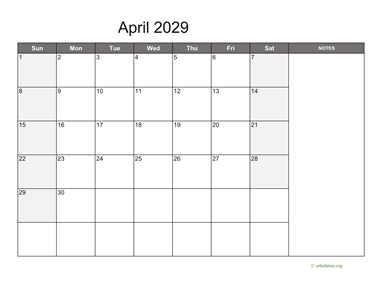 April 2029 Calendar with Notes