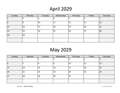 April and May 2029 Calendar Horizontal