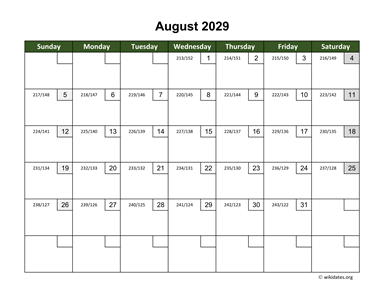 August 2029 Calendar with Day Numbers