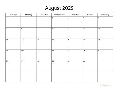 Basic Calendar for August 2029