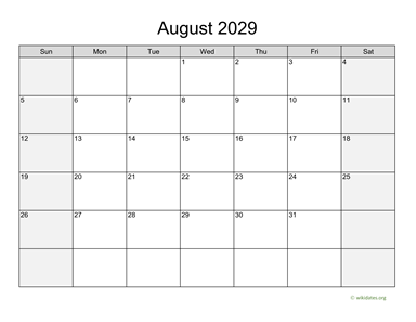 August 2029 Calendar with Weekend Shaded