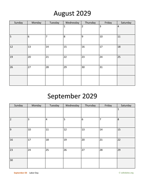 August and September 2029 Calendar Vertical