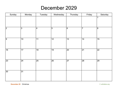 Basic Calendar for December 2029