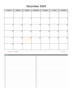 December 2029 Calendar with To-Do List