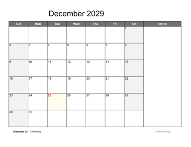 December 2029 Calendar with Notes