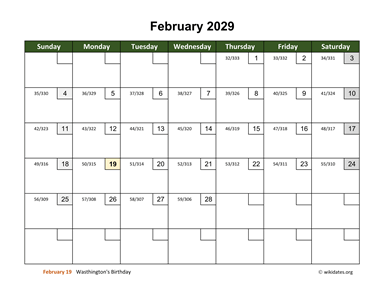 February 2029 Calendar with Day Numbers