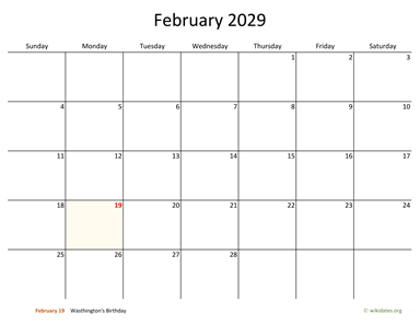 February 2029 Calendar with Bigger boxes | WikiDates.org