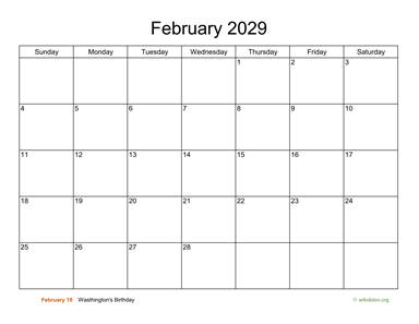 Basic Calendar for February 2029