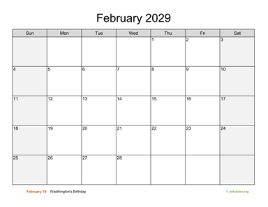 February 2029 Calendar with Weekend Shaded