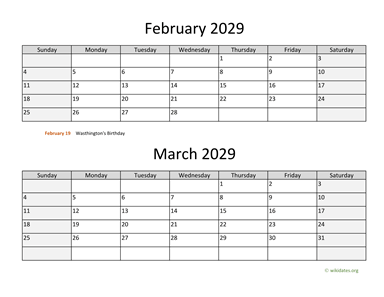 February and March 2029 Calendar Horizontal