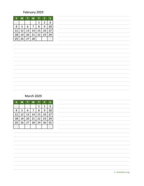 February and March 2029 Calendar with Notes