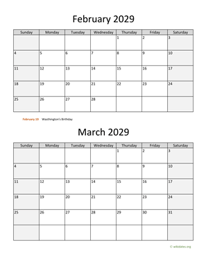 February and March 2029 Calendar Vertical