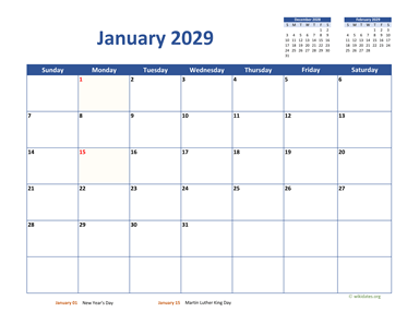 January 2029 Calendar Classic