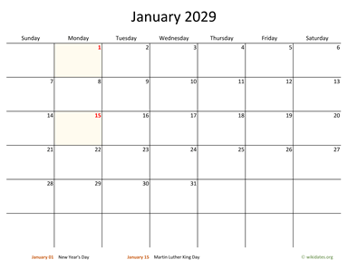 January 2029 Calendar with Bigger boxes