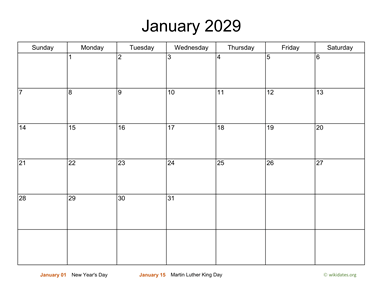 Basic Calendar for January 2029