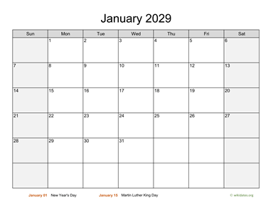 January 2029 Calendar with Weekend Shaded
