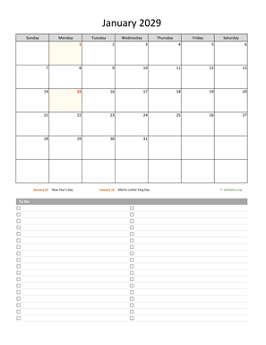 January 2029 Calendar with To-Do List