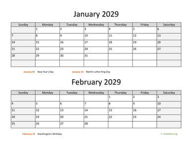 January and February 2029 Calendar Horizontal