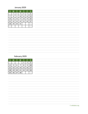 January and February 2029 Calendar with Notes