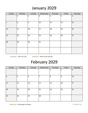 January and February 2029 Calendar Vertical