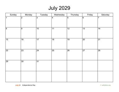 Basic Calendar for July 2029