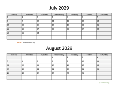 July and August 2029 Calendar Horizontal