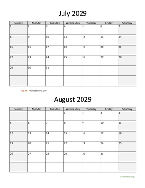 July and August 2029 Calendar Vertical