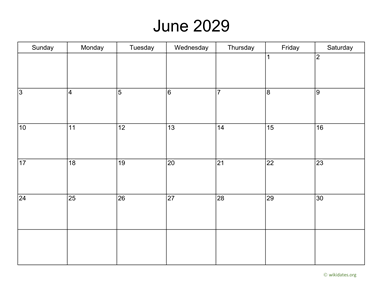 Basic Calendar for June 2029