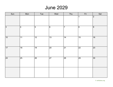 June 2029 Calendar with Weekend Shaded
