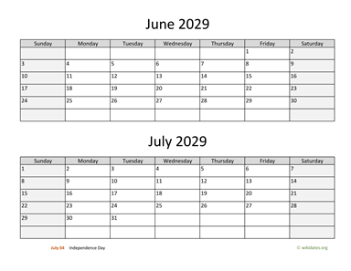 June and July 2029 Calendar Horizontal