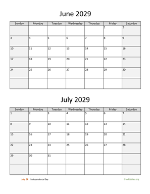 June and July 2029 Calendar Vertical