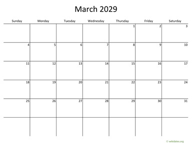 March 2029 Calendar with Bigger boxes