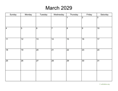 Basic Calendar for March 2029