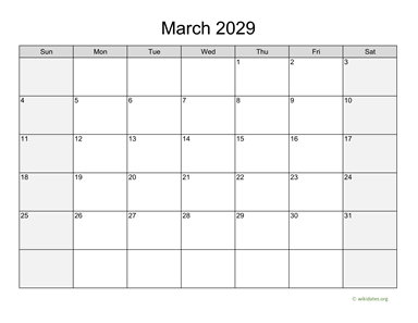 March 2029 Calendar with Weekend Shaded