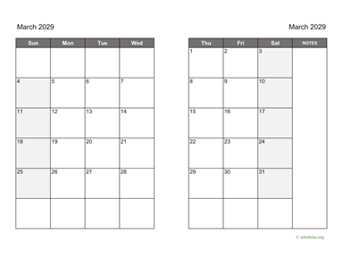 March 2029 Calendar on two pages