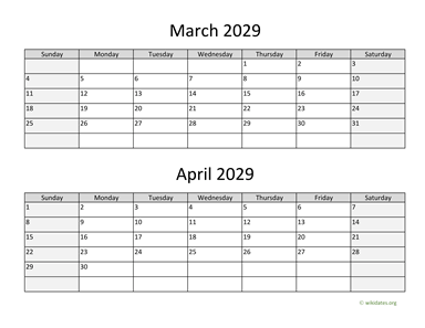 March and April 2029 Calendar Horizontal
