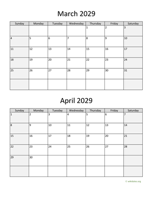 March and April 2029 Calendar Vertical