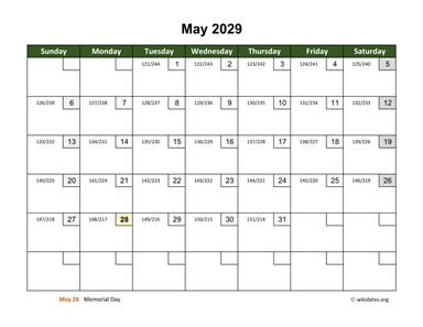 May 2029 Calendar with Day Numbers