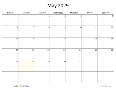 May 2029 Calendar with Bigger boxes