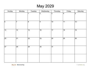 Basic Calendar for May 2029