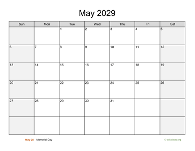 May 2029 Calendar with Weekend Shaded
