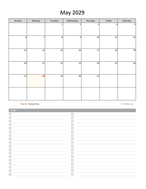 May 2029 Calendar with To-Do List