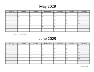 May and June 2029 Calendar Horizontal