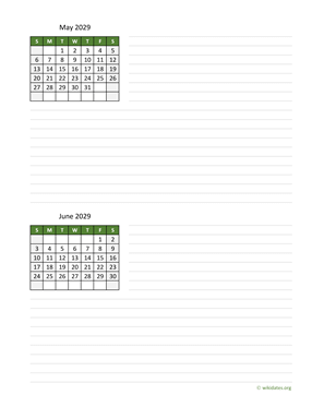 May and June 2029 Calendar with Notes