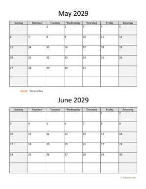 May and June 2029 Calendar Vertical