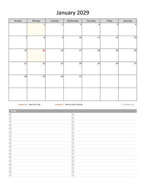 Monthly 2029 Calendar with To-Do List