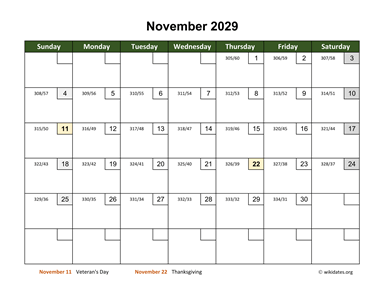 November 2029 Calendar with Day Numbers