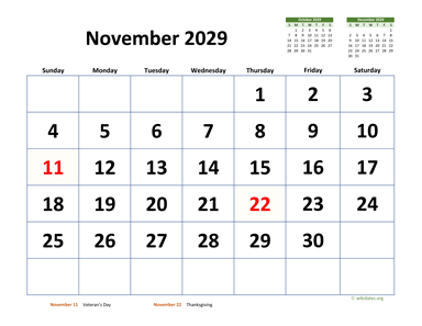 November 2029 Calendar with Extra-large Dates